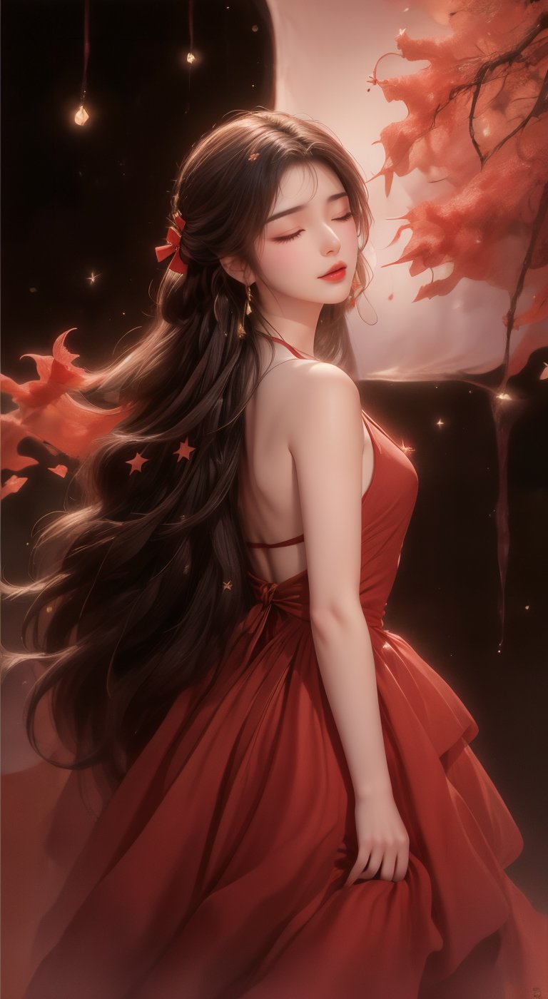 a medium-sized painting of a Asian woman with long, wavy black hair is adorned with a red bow in her hair. Her eyes are closed, and her lips are pursed. She is dressed in a flowing dress, adorned with gold dots and a pattern of small stars. The woman's hair is cascading down her back, framing her face. The background is a vibrant orange, adding a pop of color to the scene. The painting is set against a dark backdrop, creating a striking contrast with the vibrant colors.