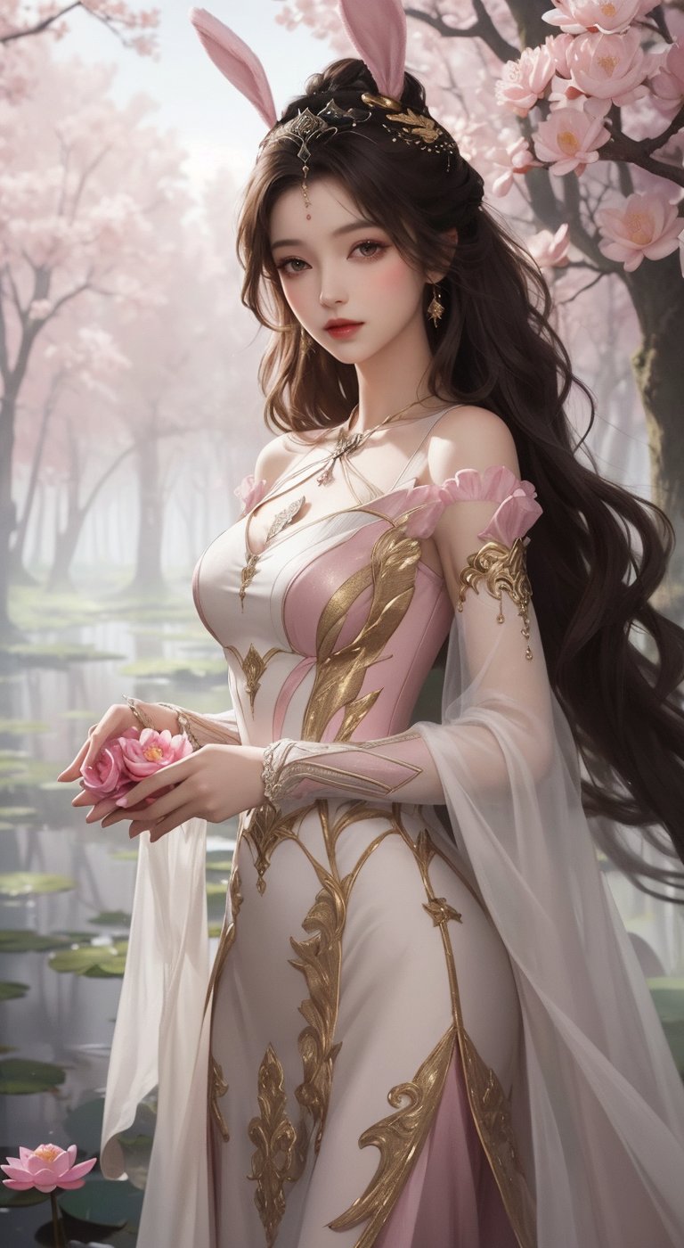 a digital painting captures a woman in a flowing pink dress, adorned with gold accents, holding a pink lotus flower in her hands. The woman's long, wavy brown hair cascades over her shoulders, adding a touch of beauty to the scene. The backdrop, a lush forest of trees, reflects light, creating a peaceful and serene atmosphere.