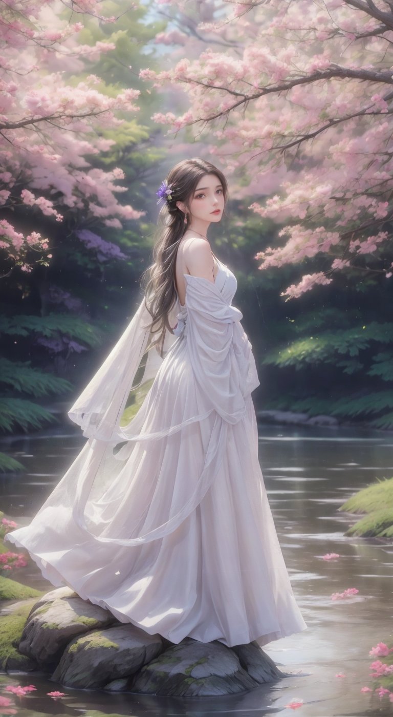 An animated image of a woman with long white hair and a long white dress. She is standing on a rock that is surrounded by water. The woman's dress is adorned with purple ribbons. Her arms are outstretched and she is looking at the left side of the image. There is a tree to the left of the woman with leaves on it. There are blue and purple butterflies in the sky above the water.