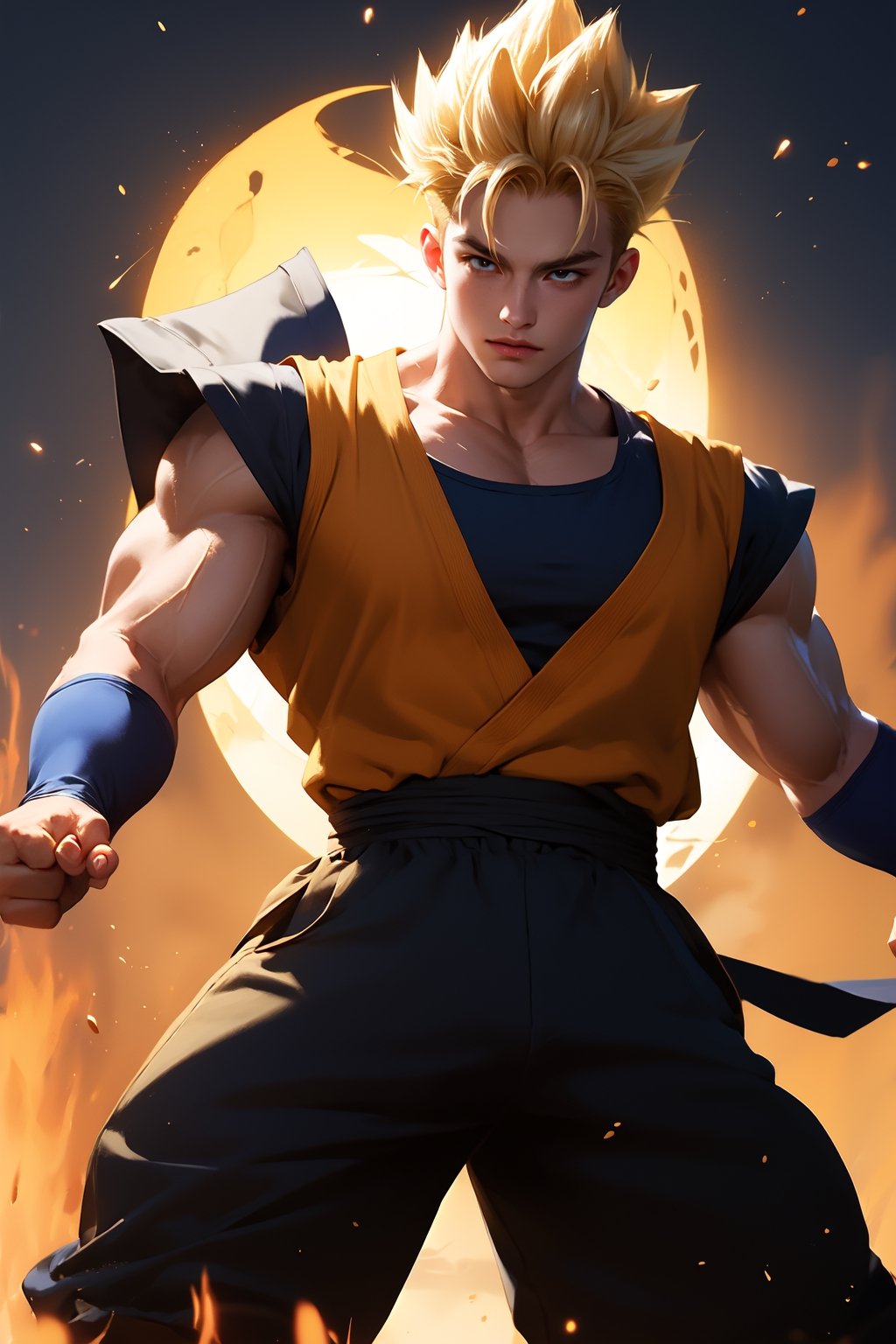 dragon ball, son gohan, son of goku, 18 years old, school uniform, super saiyan 2, kamehameha stance, realistic, 4k, golden warrior, blonde hair, japanese, holding 如意棒, 如意棒 Golden tip, black middle,