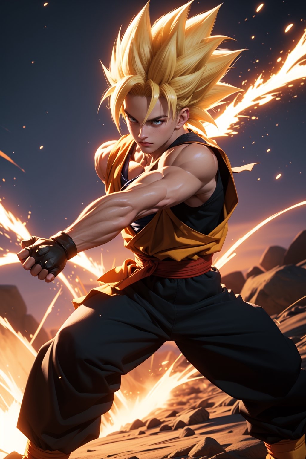 Dragon Ball, Son Goku, Super Saiyan 2, Kamehameha stance, realistic, 4K, golden warrior, hair blonde,