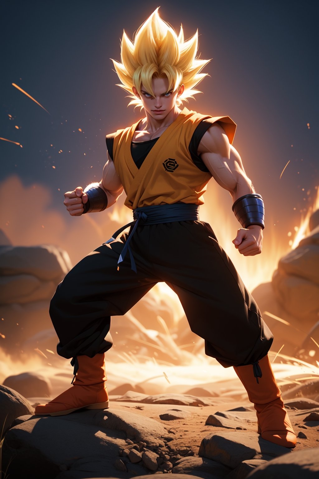 Dragon Ball, Son Goku, Super Saiyan 2, Kamehameha stance, realistic, 4K, golden warrior, blond hair, Japanese