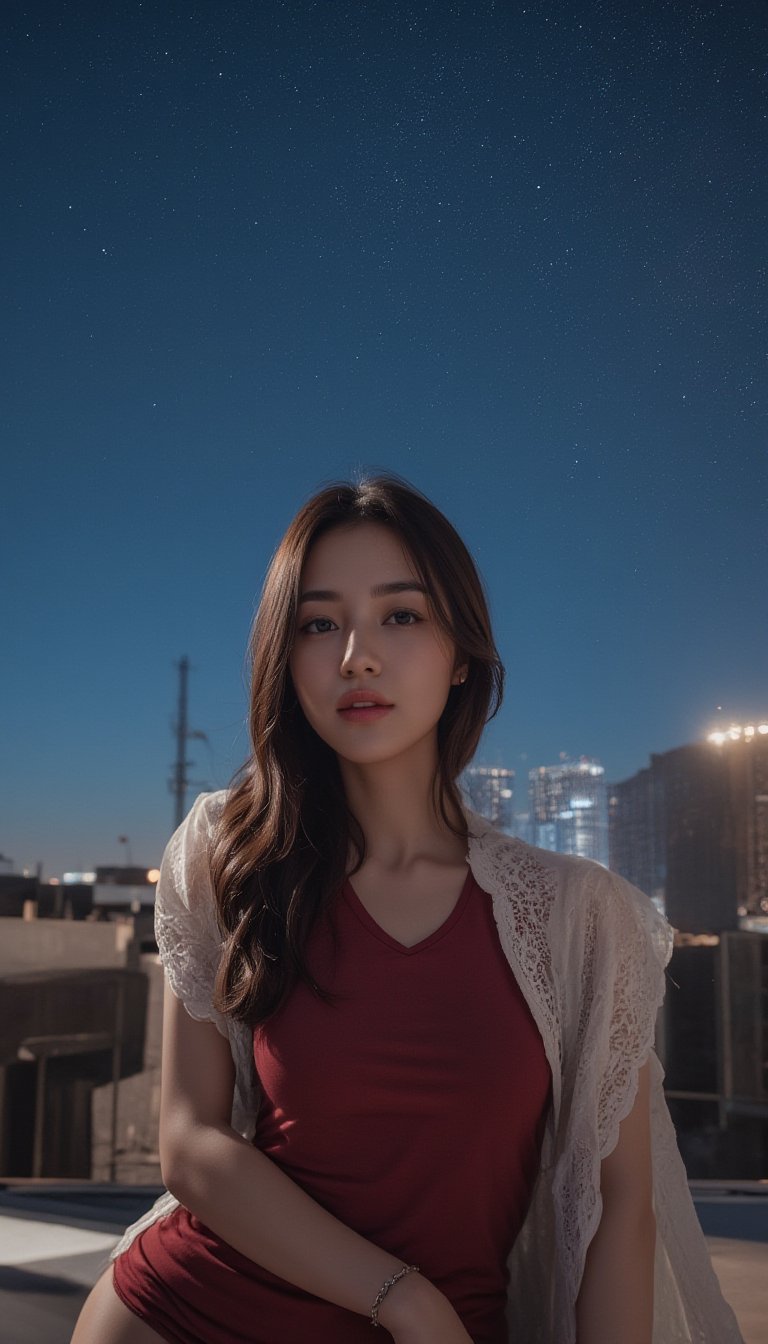 20 year old woman, (Masterpiece: 1.4), (in 8K, realistic, RAW photo, highest quality: 1.4), (real face: 1.4), (realistic skin: 1.3), A beautiful Japanese woman with delicate features standing under a vast fantasy sky, capturing an ethereal and serene atmosphere. In one scene, she stands on the rooftop of a building, marveling at the glittering cityscape under the starry night sky. In another scene, she sits comfortably in a chair, sipping on a cold beverage, enjoying a moment of tranquility. The background is rich with intricate details, highlighting a high-definition, 8K quality image that emphasizes the vivid colors, sharpness, and delicate ambiance of each scene