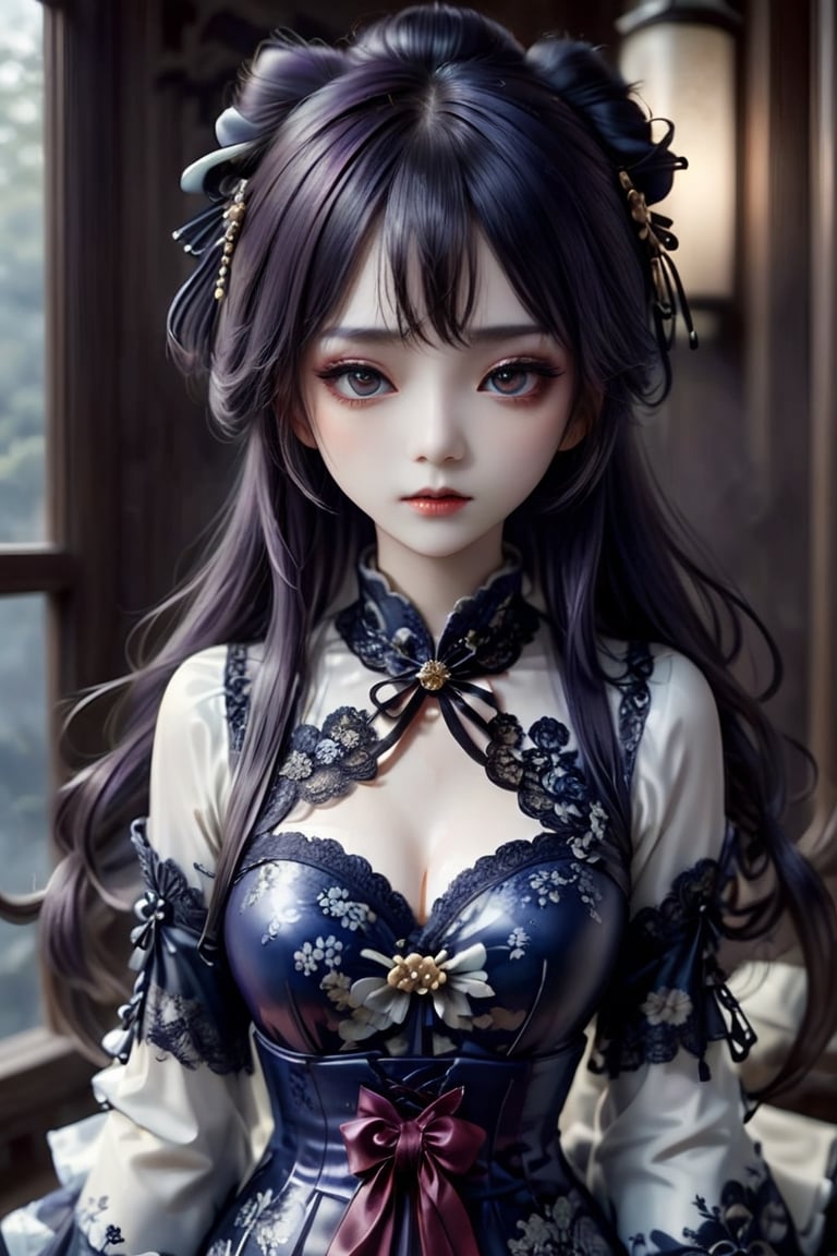 huge breasts,one eye yellow, one eye blue,1girl, traditional Japanese aesthetics and Porcelain Gothic Lolita fashion, elegant ceramic kimono silhouettes intertwine with the dark allure of Gothic elements, an elaborate Porcelain kimono in deep rich colors trimmed with lace, a glamorous obi and corset,
The color palette leans towards deep purple, black and blood red, contrasting with the delicate ceramics. White face makeup and dark, dramatic eye makeup complete the look,  ,dal,white eyes