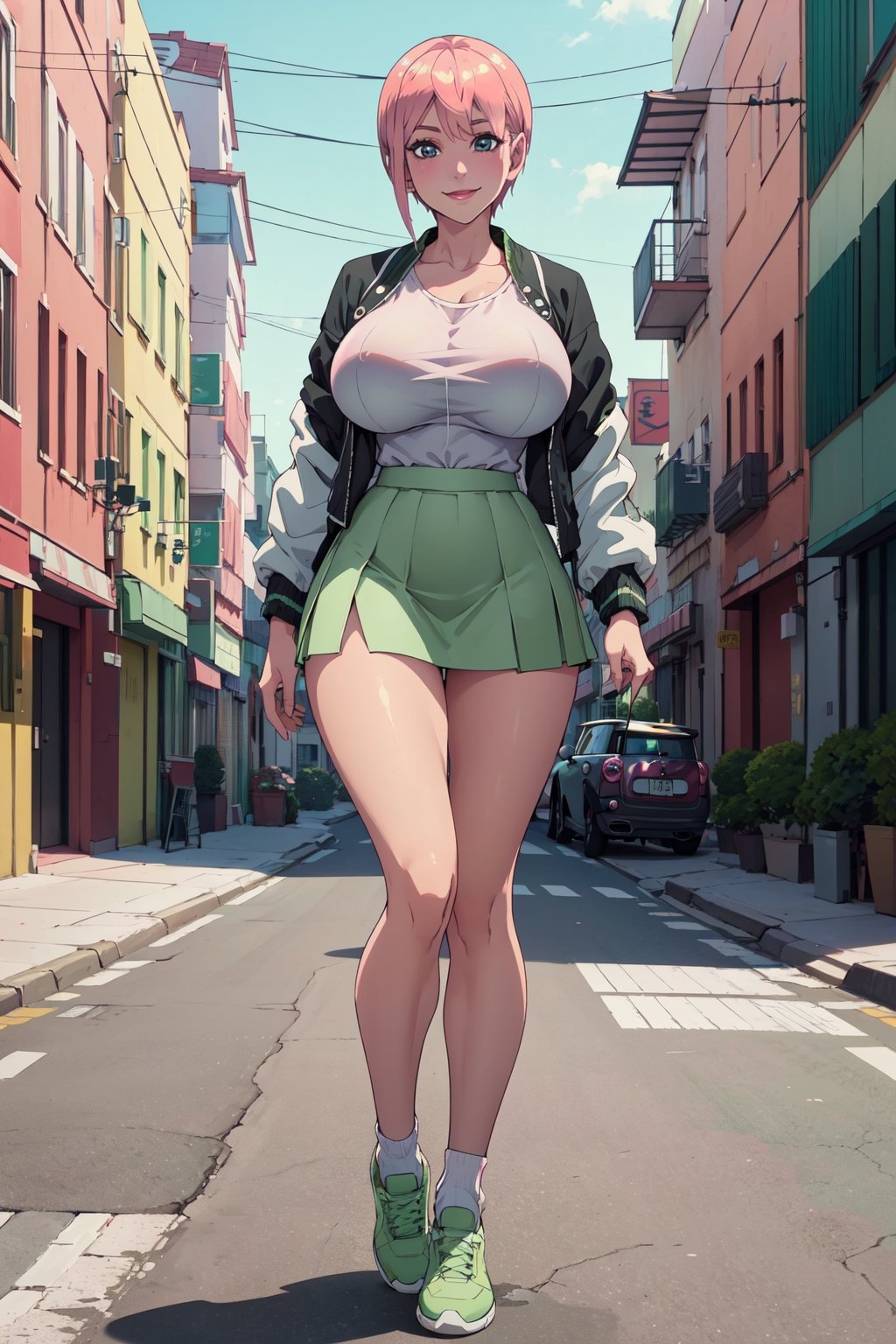 Beautiful, masterpiece, 1 woman, ichika nakano, ((full body)) living room,(( big tits)), 8k, ((light pink hair)) ((white shirt)) ((black jacket)), ((light green mini skirt)) smiling, on a street with buildings in the background