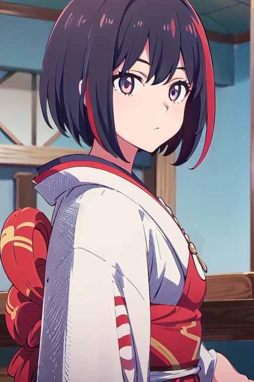   Topaz_(Honkai: Star Rail), detailed cg, anime picture, anime_screencap, chromatic_background, depth of field, blurry_background,1girl, solo ,black-hair, best_quality, high_resolutionm, Detailedface, colorized, look, red hair tips, japanese_clothes, room background, beatifull_eyes, perfect_skin, full_body, 
