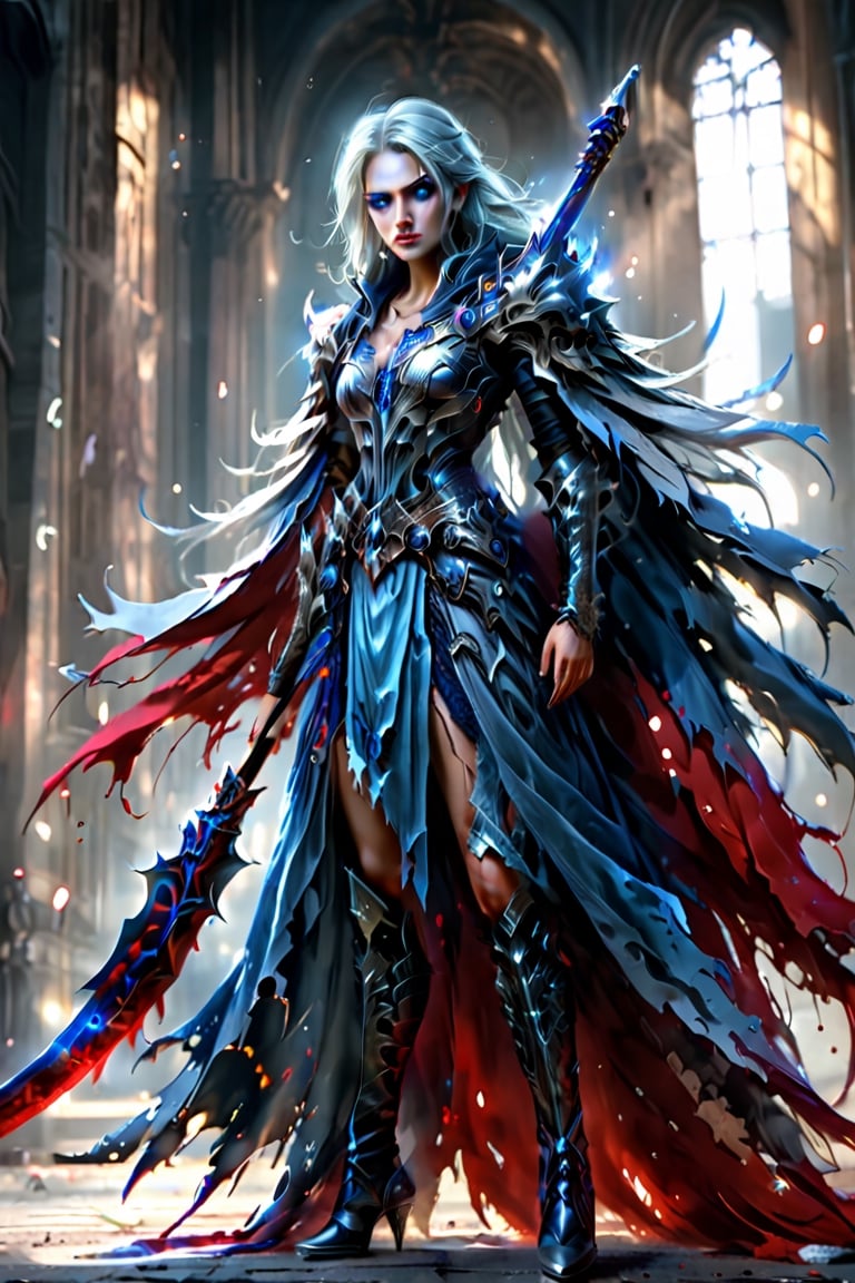 (full body), illustration of a female gladiator, beautiful face, large blue eyes, a very high quality image, extreme details of realism, ultra definition, 4k UHD, masterpiece, gladiator movie style, silver hair, bloody torn skin, blood-stained silver armor, silver boots, large breasts, blood on face,  long scar in face, gritty complexion, aura ghostly surroundings, grim atmosphere,real_booster,photo r3al, cinematic moviemaker style,Decora_SWstyle,scythe,DonMB4nsh33XL 