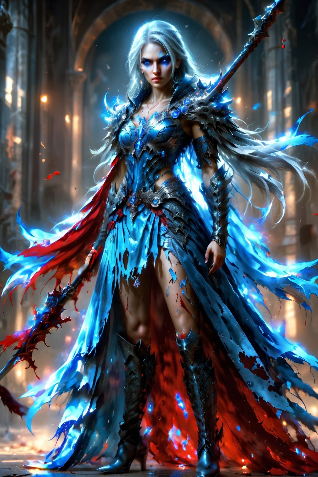 (full body), illustration of a female gladiator, beautiful face, large blue eyes, a very high quality image, extreme details of realism, ultra definition, 4k UHD, masterpiece, gladiator movie style, silver hair, bloody torn skin, blood-stained silver armor, silver boots, large breasts, blood on face,  long scar in face, gritty complexion, aura ghostly surroundings, grim atmosphere,real_booster,photo r3al, cinematic moviemaker style,Decora_SWstyle,scythe,DonMB4nsh33XL 