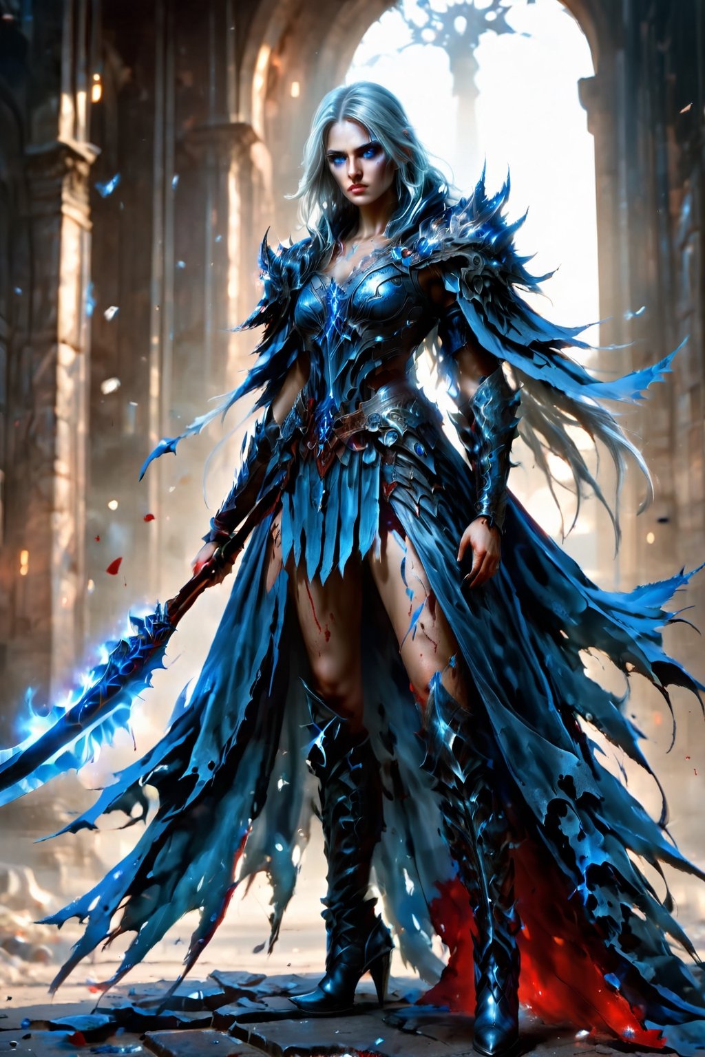 (full body), illustration of a female gladiator, beautiful face, large blue eyes, a very high quality image, extreme details of realism, ultra definition, 4k UHD, masterpiece, gladiator movie style, silver hair, bloody torn skin, blood-stained silver armor, silver boots, large breasts, blood on face,  long scar in face, gritty complexion, aura ghostly surroundings, grim atmosphere,real_booster,photo r3al, cinematic moviemaker style,Decora_SWstyle,scythe,DonMB4nsh33XL 