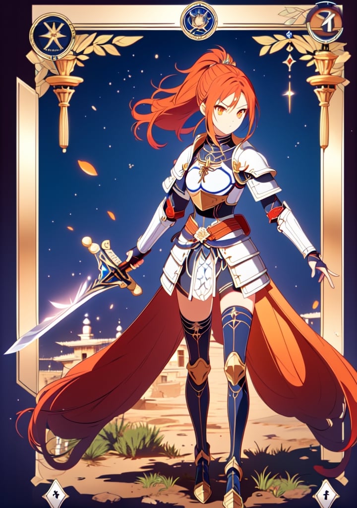 1girl, red hair, ponytail, orange eyes, serious look, holding a sword, sword stuck in the ground, breastplate armor, full body, medium and long range, centered portrait, tarot edge, high definition, maximum detail, masterpiece