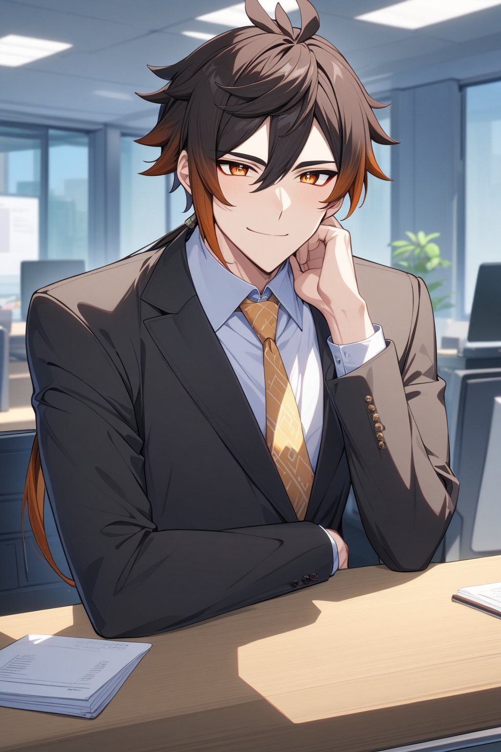 masterpiece, anime, newest, rating:general, 1boy, 1male, male focus, mature male, solo, Zhongli, Genshin impact, low ponytail, smiling, looking at you, (modern office), (business suits, black suits:1.2), long sleeves, necktie