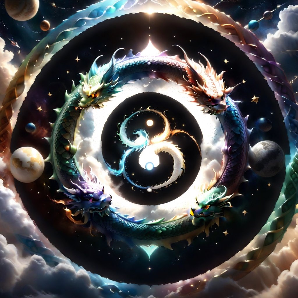  two dragons circling each other in a circular shape, space and planets in the background, yin yang, photorealistic, pixar 3d render look,Disney pixar style, a magical portal in the center of the picture appears from the magic of the dragons flying around it, dragons entertwined in a celtic knot pattern, infinity symbol at bottom center and top center