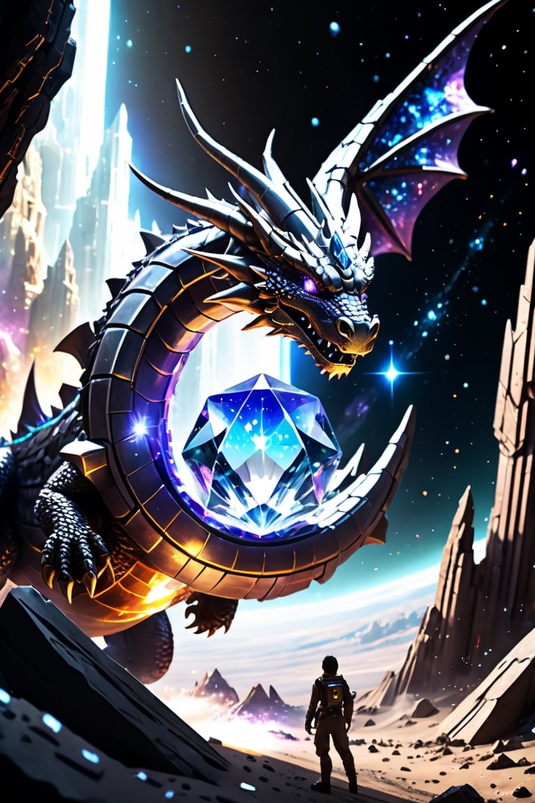 A dragon made of crystals flying in space and creating a portal ,a sci-fi spaceship in the background persuing it, epic anime style, photorealism, futuristic, Comic Book-Style