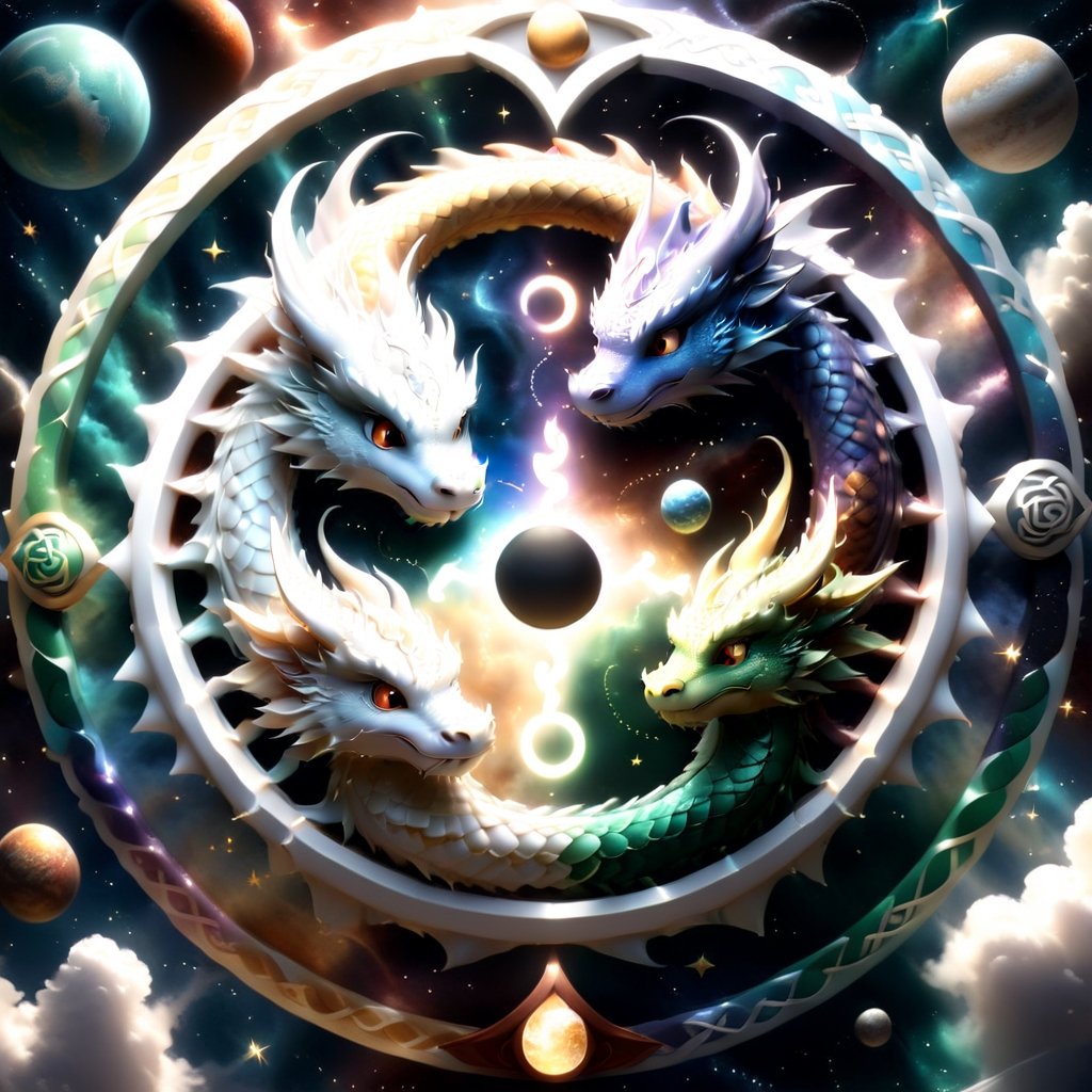  two dragons circling each other in a circular shape, space and planets in the background, yin yang, photorealistic, pixar 3d render look,Disney pixar style, a magical portal in the center of the picture appears from the magic of the dragons flying around it, dragons entertwined in a celtic knot pattern, infinity symbol at bottom center and top center