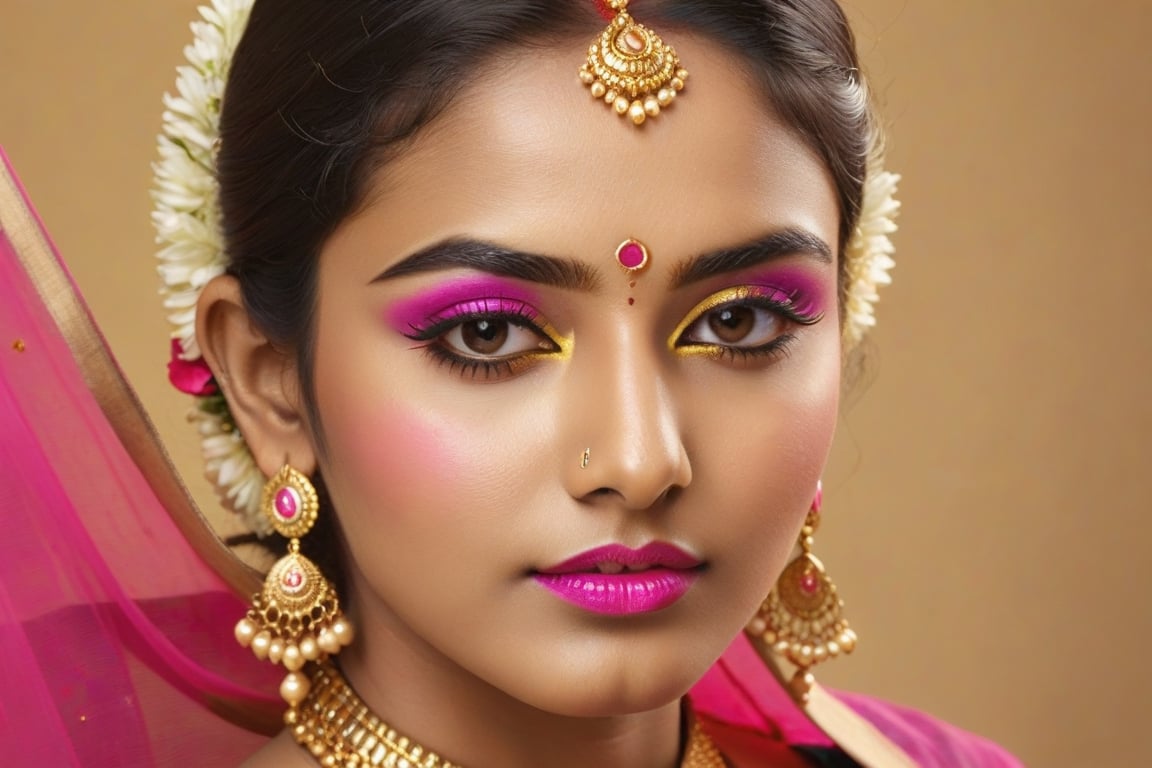 Young adult maharashtriyan puneri female with glittery pink makeup around her eyes, gold lipstick, and groomed eyebrows, plain light golden color background, style,more detail XL