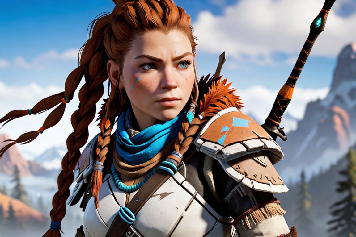 Aloy is the main protagonist of the video game "Horizon Zero Dawn" developed by Guerrilla Games. She is a skilled hunter and archer living in a world filled with robotic creatures. Aloy was an outcast from her tribe and was raised by another outcast named Rost. She is determined and resourceful, using her combat skills and wit to navigate dangerous landscapes and defeat powerful enemies.