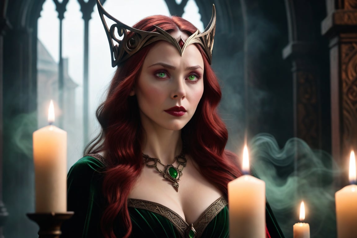 close up 8k portrait of Wanda Maximoff, Scarlet Witch, MCU, Marvel Comics, red hair, pale skin, dark eyeliner, piercing green eyes, emotional expression, subtle glow, mysterious aura, cinematic lighting, high contrast, dark fantasy, mystical, eerie atmosphere, gothic architecture, detailed ornate frames, mystical artifacts, candles, ancient tomes, velvet drapes, subtle sparks, sorceress, powerful, mystical energy, dark magic, subtle smoke, foggy background, style of Zdzisław Beksiński, Frank Frazetta, hauntingly beautiful, 8k, highly detailed,