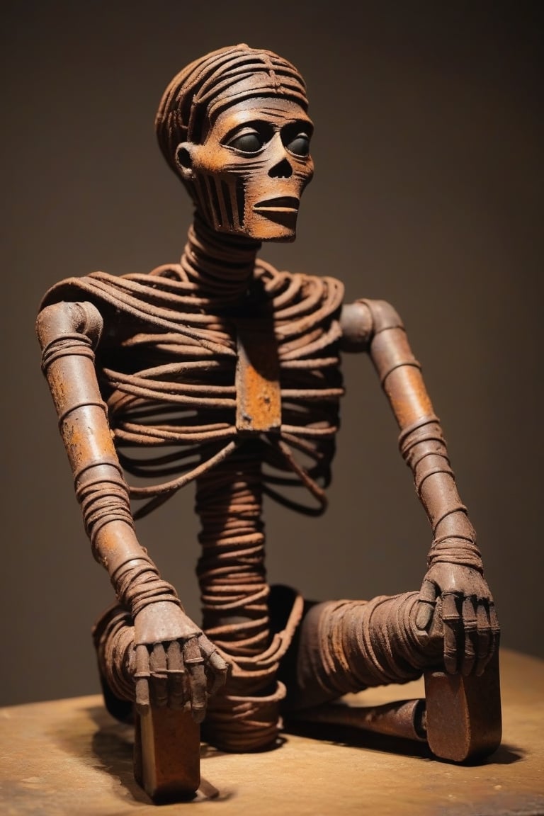 Sitting rusted iron mummy on a piece of a tube.
