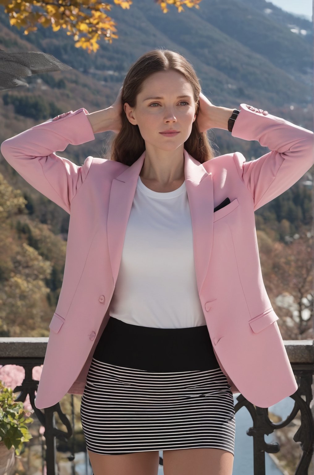 Prompt: Masterpiece, Pink business jacket and black skirt, day time, terrace background, calm and frosty, detailed body, detailed face, brown hair, gorgeous, ultra realistic, charming, cute, long braided hair, ambient lighting, bright sunny day, detailed background, volumetric lighting, shadow, 8k, armpits, smiling, Indian girl, 24 years old, hands behind her head, 