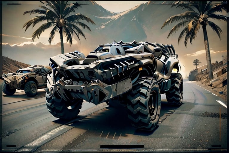 mad max style lunar rock color All-terrain vehicle with colored tire lettering parked on the side of a road next to a tree, nostalgic 8k, restomod, ultra - realistic, ultra-realistic,Realism,Epicrealism,mxsuv,Head direction,Head direction,The war damaged the paint,Industrial machinery,Hard line,Halley,bulldozer,DonMW15p,portrait,T800Endoskeleton,bttfdmc ,Futuristic room