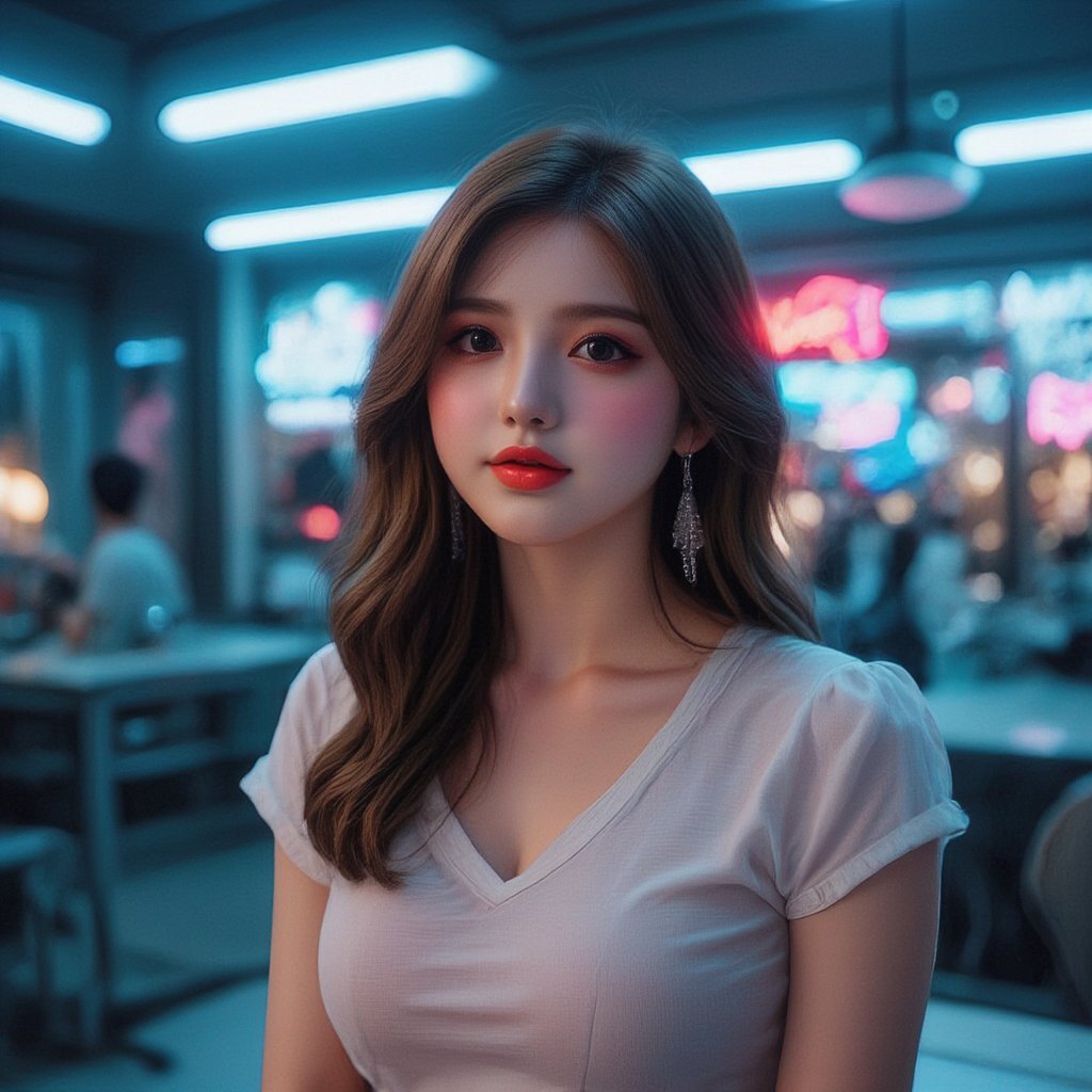 This is a modern style image of a beautiful woman . The image in the shows a woman wearing a white shirt. and the light is focused on the person from top to bottom, creating an atmosphere in the photo. There are blue and red neon lights around .