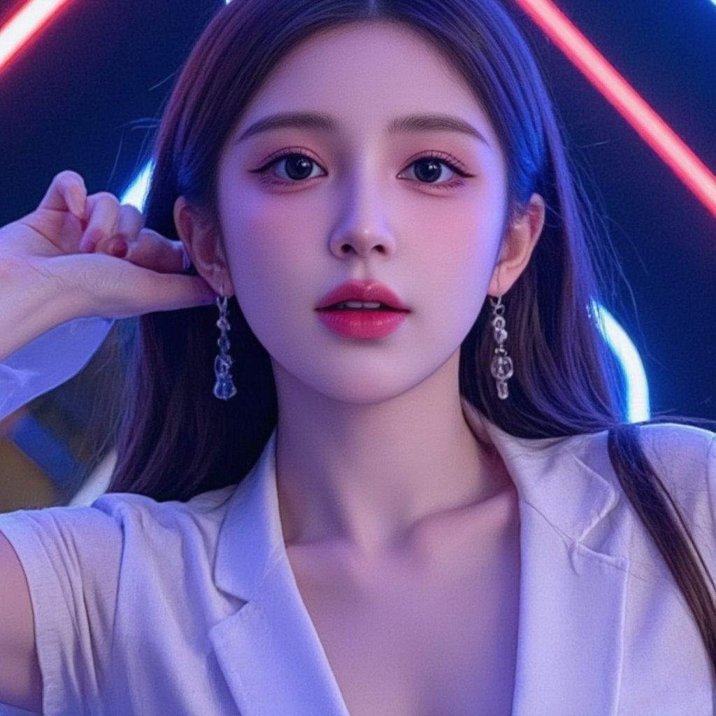 This is a modern style image of a beautiful woman . The image in the shows a woman wearing a white shirt. and the light is focused on the person from top to bottom, creating an atmosphere in the photo. There are blue and red neon lights around .