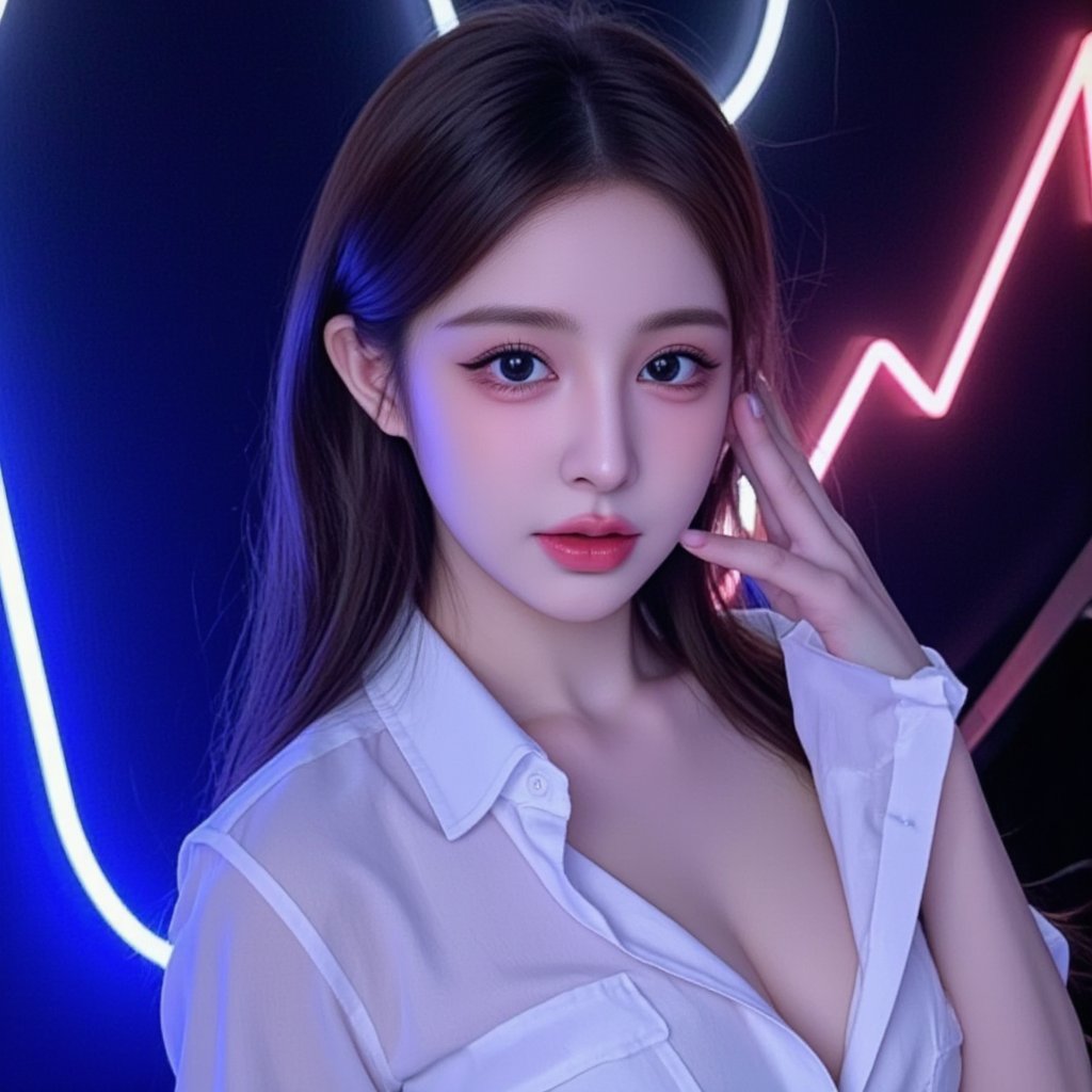 This is a modern style image of a beautiful woman . The image in the shows a woman wearing a white shirt. and the light is focused on the person from top to bottom, creating an atmosphere in the photo. There are blue and red neon lights around .