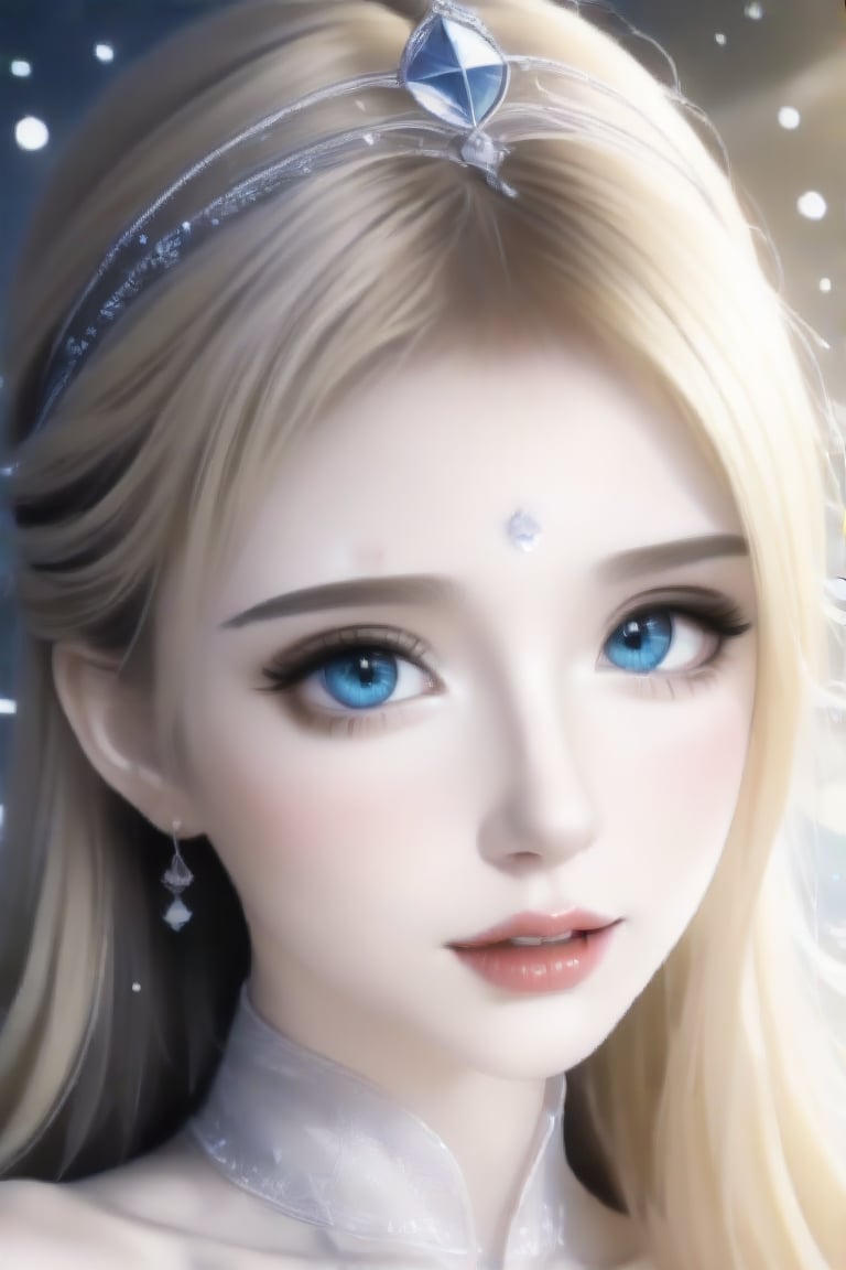 Beautiful girl, Calca Bessarez (Overlord), long hairstyle, blonde hair, blue eyes, tiara, princess, white dress, masterpiece quality, light particles, beautiful face, calm face, emo, looking at viewer, upper body, Anime Style., highly detailed