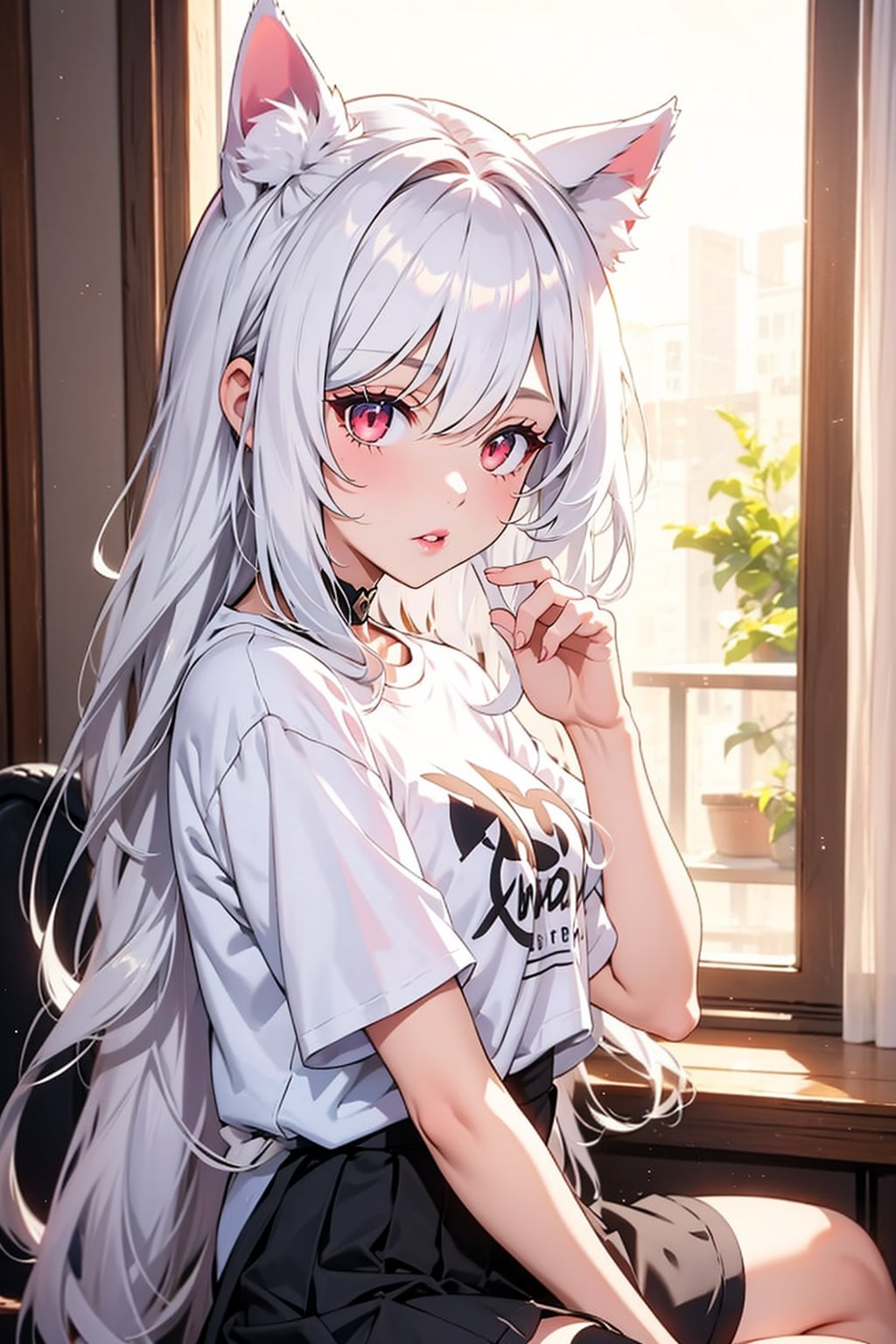 A Catgirl 💋 white longerhair Redeye   t-shirt and black skirt,