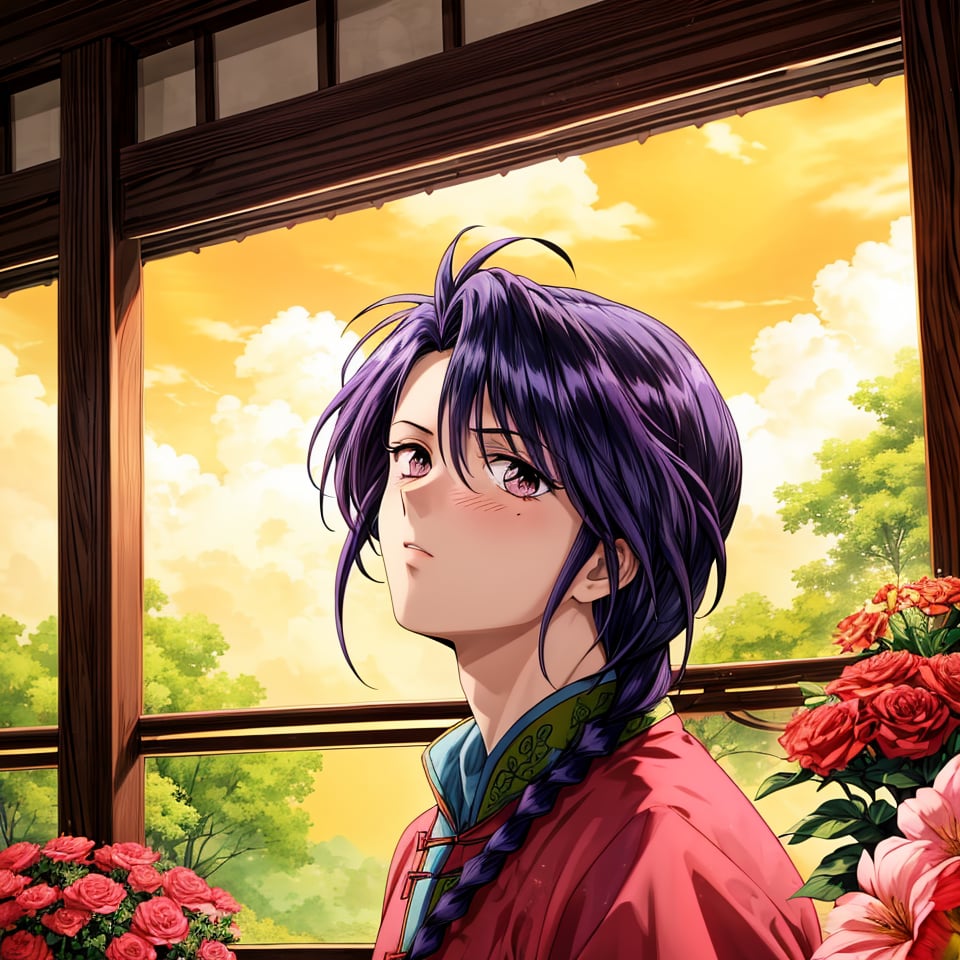 Nuriko, 1boy, purple hair boy, violet eyes boy, one single purple braid, daytime, good quality, masterpiece, HDR, UHD,best quality,, inside chinese room, chinese window with nature outside, romantic atmosphere, intricate red hanfu dress, decoration, flowers, looking up at viewer, defiant, blushing