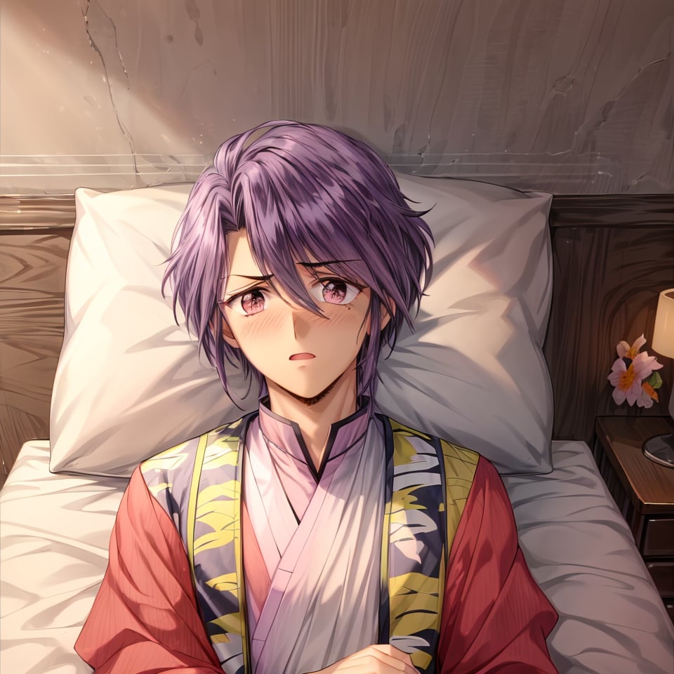 Nuriko, 1boy, purple hair boy, violet eyes boy, night, fear, , helpless, good quality, masterpiece, HDR, UHD,best quality, lying on bed, intricate pink hanfu dress, flowers, blushing, brows furrowed,1girl and 1boy, kabedon pov