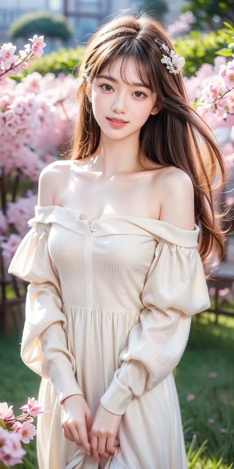 Best quality, masterpiece, ultra high res, (photorealistic:1.4), raw photo, 1girl, white dress, off shoulder, blossom flower field, glowing skin, light smile,mygirl