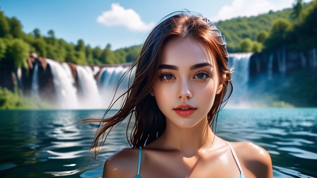 photo of woman in lake, big waterfall in background,  wet hair, brown hair, big eyes, long eyelashes, swimming, photorealistic  8k, realistic, colorful, vibrant and sharp 