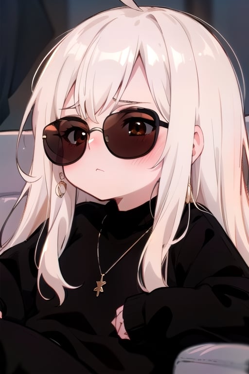 1girl, solo, long hair, blush, bangs, blonde hair, long sleeves, brown eyes, jewelry, sitting, closed mouth, ahoge, white hair, pants, necklace, sweater, sleeves past wrists, black pants, sunglasses, couch, black sweater