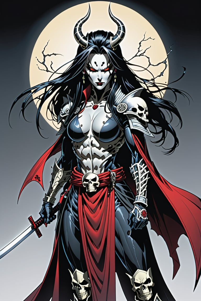 midshot, cel-shading style, centered image, ultra detailed illustration of the comic character ((female Spawn Samurai lady, by Todd McFarlane)), posing, long black long hair, silver and black suit with a skull emblem, long flowing cape,  holding samurai sword, ((view from Behind she’s looking over her shoulder)), ((Full Body)), (tetradic colors), inkpunk, ink lines, strong outlines, art by MSchiffer, bold traces, unframed, high contrast, cel-shaded, vector, 4k resolution, best quality, (chromatic aberration:1.8)