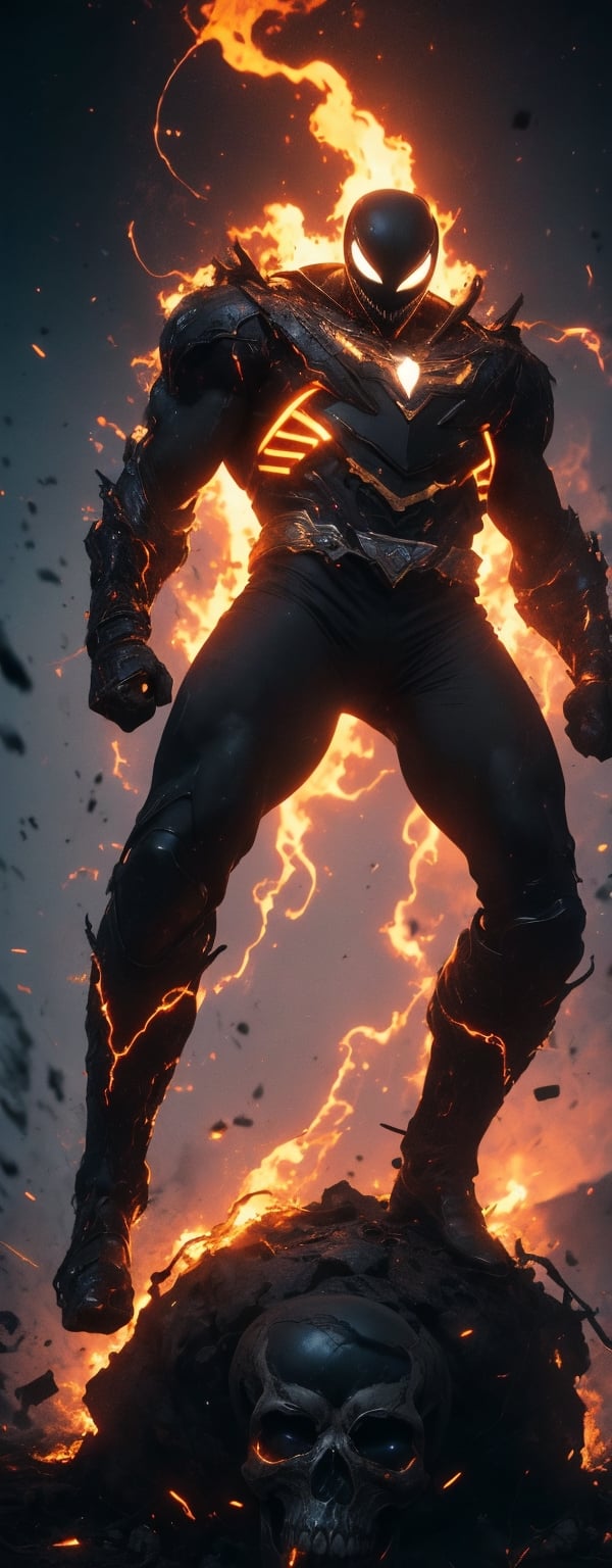 (((MASTERPIECE, best quality, highres, 8k, UHD, HDR))), (future technology), (close-up), (flying over burned city), venom face helmet, musculature, muscle, biomechanical long metal pant embroidery with glowing tetemic skull, blue to purple gradient background, glowing machine cord across the body, ((intense glowing neon light on muscle fiber)), black and golden steel, dark and sinister, volcano in the background, futuristic atmospheric world, nuclear machine, thermodynamic reactor body, Wonderful light and shadow effects, light particles, mixed machine with alien technology to show unique combination of absurdity of machinations, create an eye-stunning visual to bring viewer to the land of fantasy and machines, ,DonMM4ch1n3W0rld ,Gold_Zeo_Ranger, r1ge, chaotic, apocalyptic, visually encouraging,ven0mancer,venom