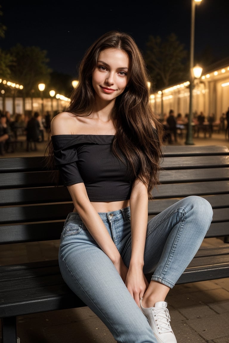 A ravishing, hot girl with the face of a high-end fashion model, extremely slender (anorexia), with long, wavy dark brown hair. She is a rapper, wearing a chic, off-the-shoulder black top, high-waisted skinny jeans, and stylish sneakers. She sits gracefully on a bench, one leg crossed over the other, her hands resting lightly on her lap, her head slightly tilted with a serene smile. The background is a beautifully decorated urban park with vibrant street art and a clear night sky.