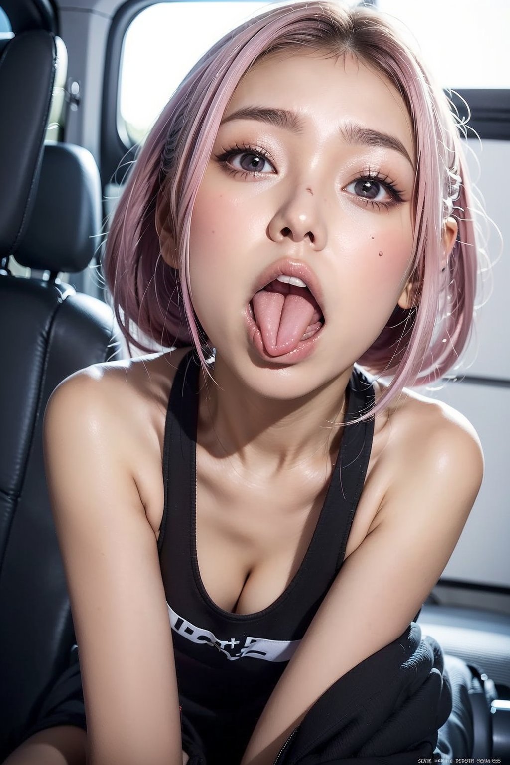 full_body,girl,16K,solo,longeyelashes,moaning or panting face ,pink hair,looking at viewer,eye looking up,ahegao,kissing with tongue out,Cross-eyed, one mole under eye,embarrassed