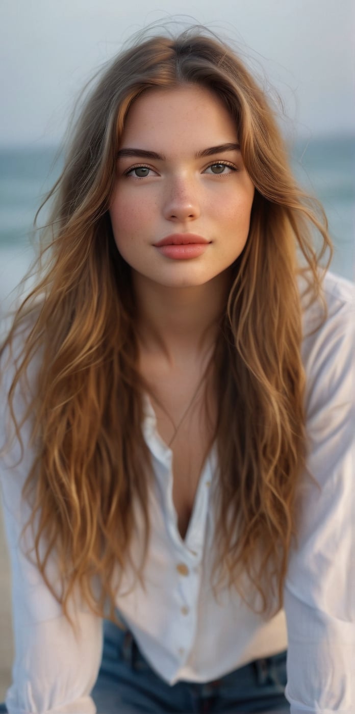 An 22 year old beauty Girl, with porcelain skin and luscious brown locks, sits calmly in a medium shot, wearing a casual clothes walking on the beach.