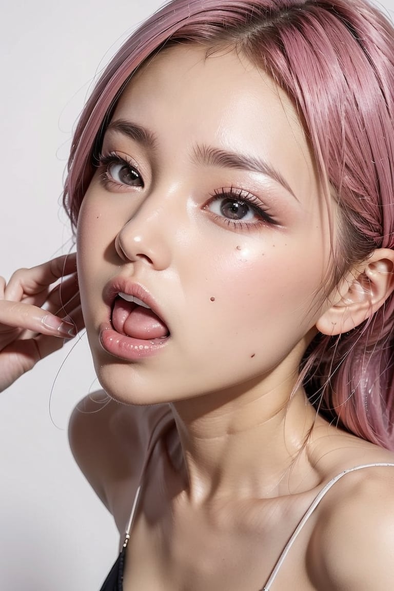 full_body,girl,16K,solo,longeyelashes,moaning or panting face ,pink hair,looking at viewer,eye looking up,ahegao,kissing with tongue out,Cross-eyed, one mole under eye,embarrassed