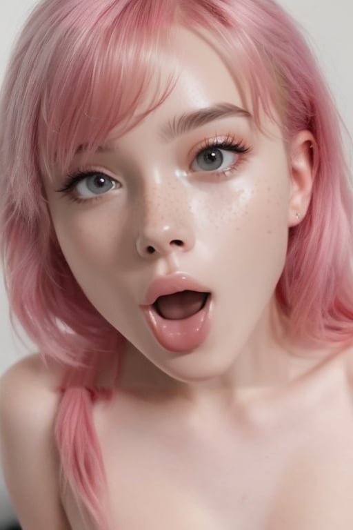 full_body,girl,16K,solo,longeyelashes,moaning or panting face ,pink hair,looking at viewer,eye looking up,ahegao,kissing with tongue out,Cross-eyed, one mole under eye,embarrassed