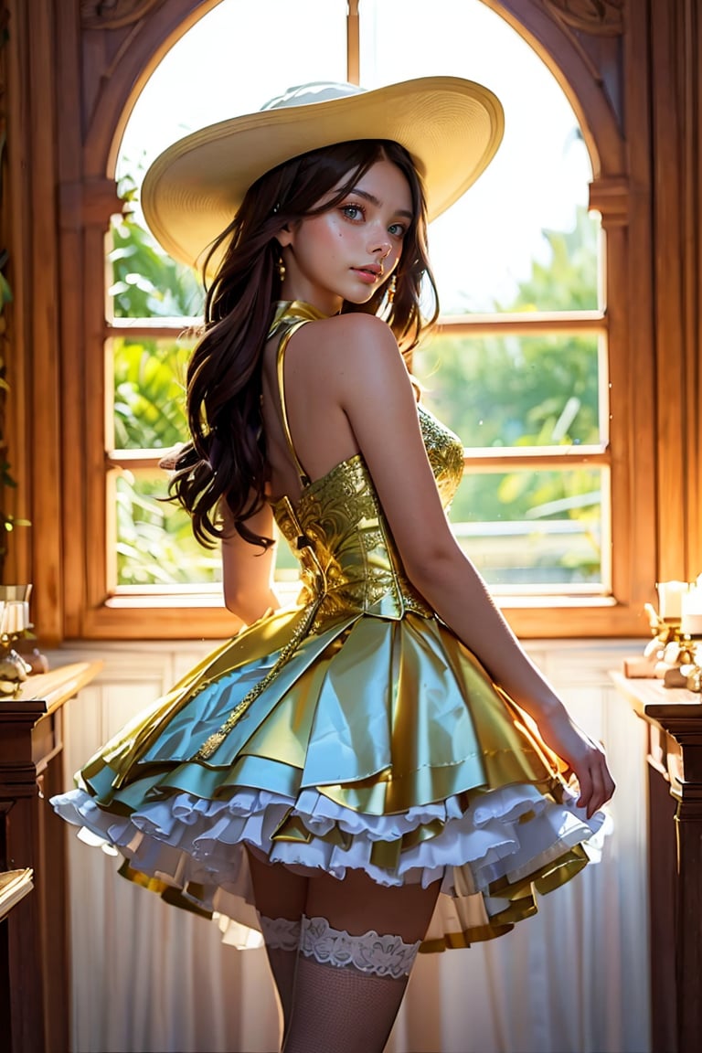  beauty Meika Woollard stands elegantly with her back to the lush outdoors, bathed in warm natural light. Her long hair is styled into double braids that frame her bright yellow eyes, which glow softly (0.5 intensity). She wore a beautiful dress and matching hat, which she paired with white stockings, garters and high heels. As she looks directly into the audience, a charming smile spreads across her face, exuding confidence and composure.,AIDA_LoRA_MeW2023