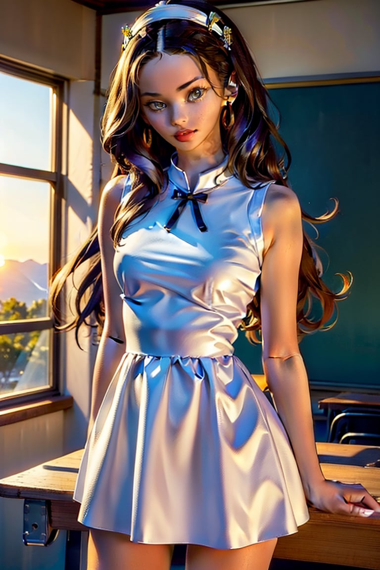 highly detailed, high quality, masterpiece, beautiful, (medium long short), 19 yo girl, alone, white thin fabric dress, long hair, athletic, sexy, ribbon in hair, white shirt, plaid skirt, classroom, detailed background, sunset.
,AIDA_LoRA_MeW2023