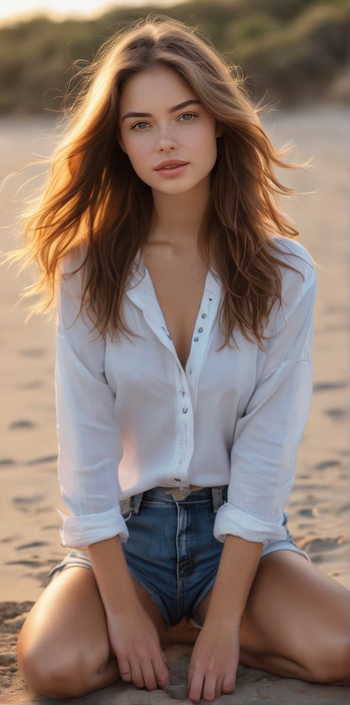 An 22 year old beauty Girl, with porcelain skin and luscious brown locks, sits calmly in a medium shot, wearing a casual clothes walking on the beach.