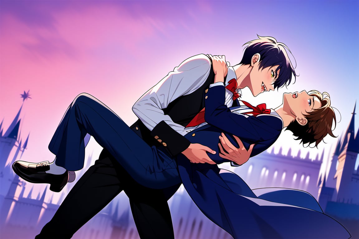 score_9, score_8_up, score_7_up,source_anime, (High quality, anime, extreme details, exquisite light and shadow, 8K, best quality), wide shot, BREAK, 2boys, yaoi, dancing, (taller guy holding the shorter guy), looking at another, (shorter guy is vampire), male vampire, sexy, background is (in a dark castle), time is (night), no text,