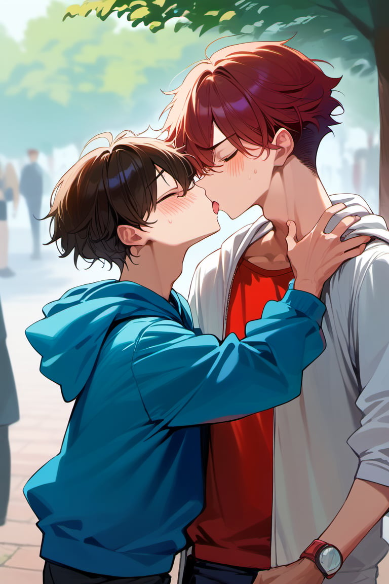 score_9, score_8_up, score_7_up,source_anime, (High quality, anime, extreme details, exquisite light and shadow, 8K, best quality), view from size, BREAK, 2boy,  yaoi, (size difference:1.1), kiss, BREAK, (1boy, hoodie, dark red hair, hair cover eyes, shocked, blush, forced to kiss, shorter), next to (1guy, tall, dark brown hair, closed eyes, short hair, handsome, casual shirt, kiss, taller), background is (park, under tree), time is (noon), no text,