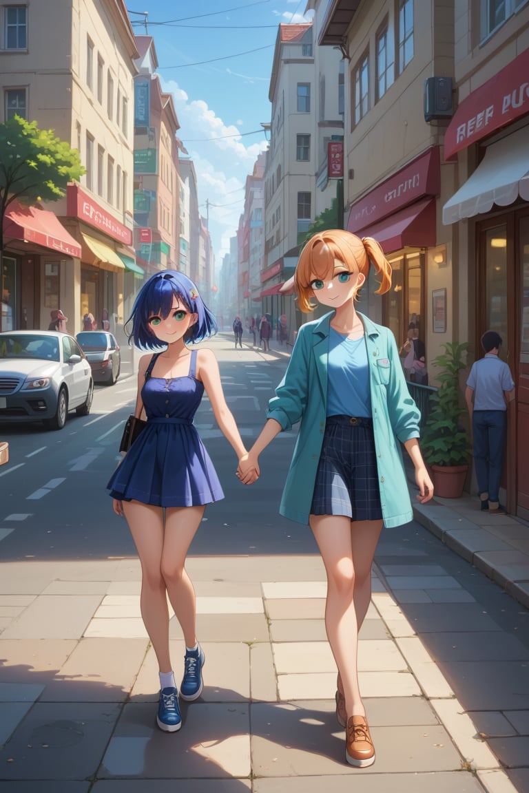 score_9, score_8_up, score_7_up,source_anime, (High quality, anime, extreme details, exquisite light and shadow, 8K, best quality), view from front, BREAK, 2girls, background is (street),holding hands