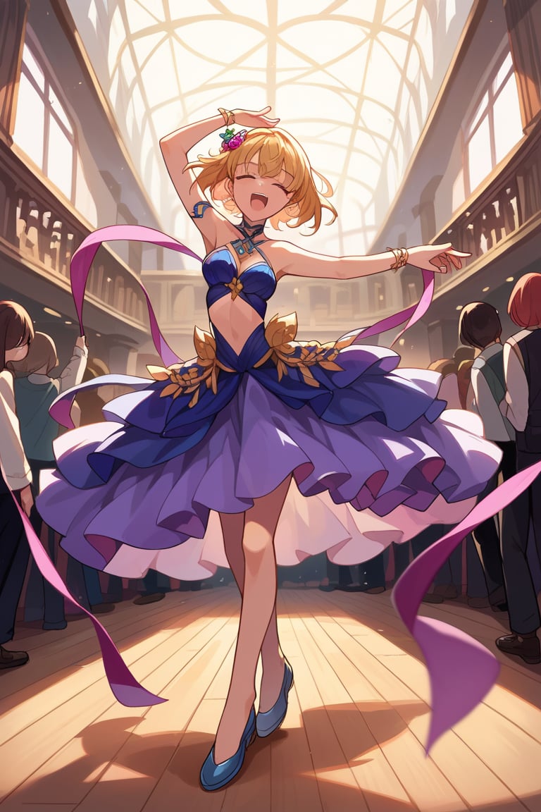 score_9, score_8_up, score_7_up,source_anime, (High quality, anime, extreme details, exquisite light and shadow, 8K, best quality), view from front, BREAK, 2girl, background is (grand dancing hall), dancing, duo dance, close up