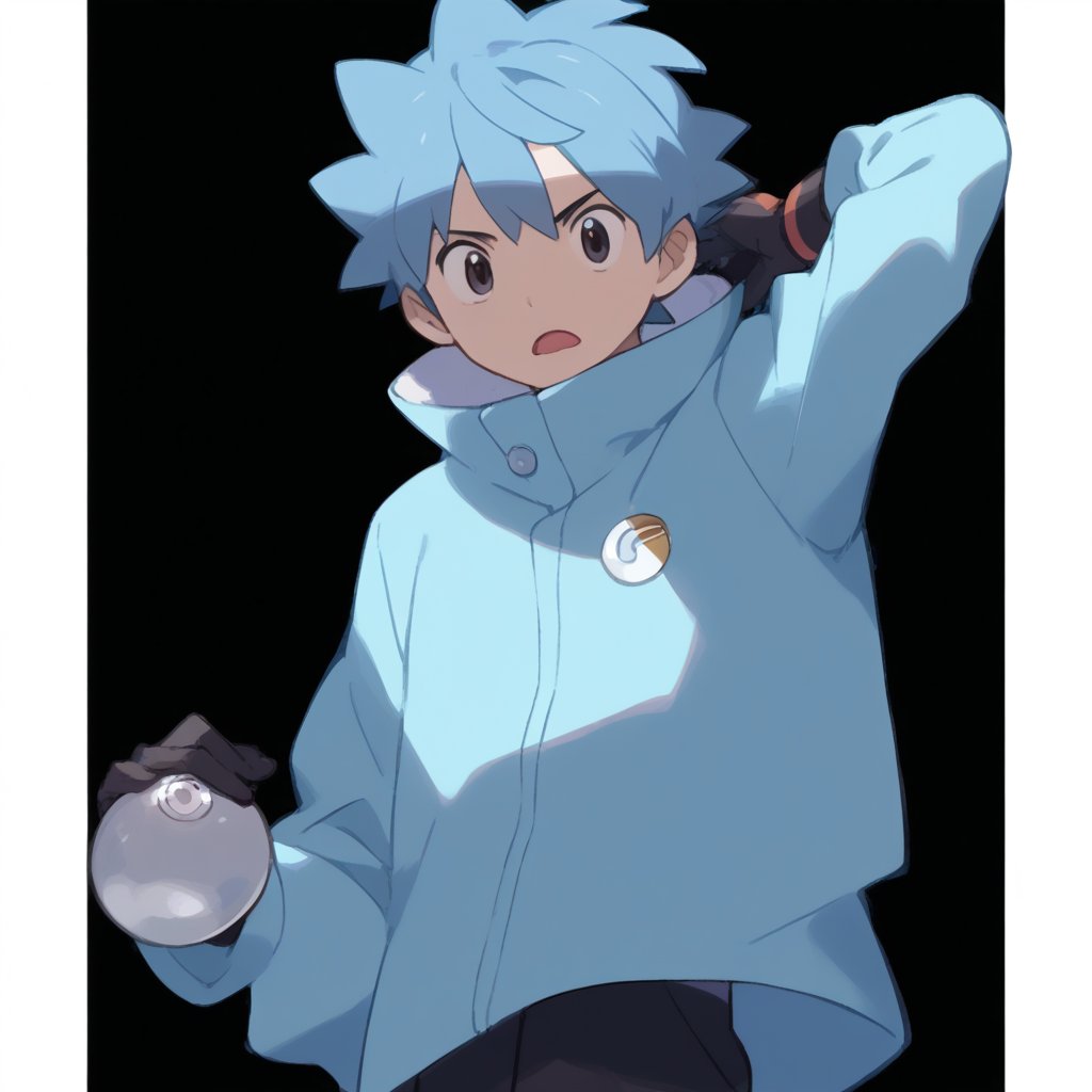  score_9, score_8_up, score_7_up,source_anime, (High quality, anime, extreme details, exquisite light and shadow, 8K, best quality), detailed background, BREAK, 1 boy, adult body, ver short hair, blue hair, black eyes, gloves, no text, pokemon_(anime), pokemon,man