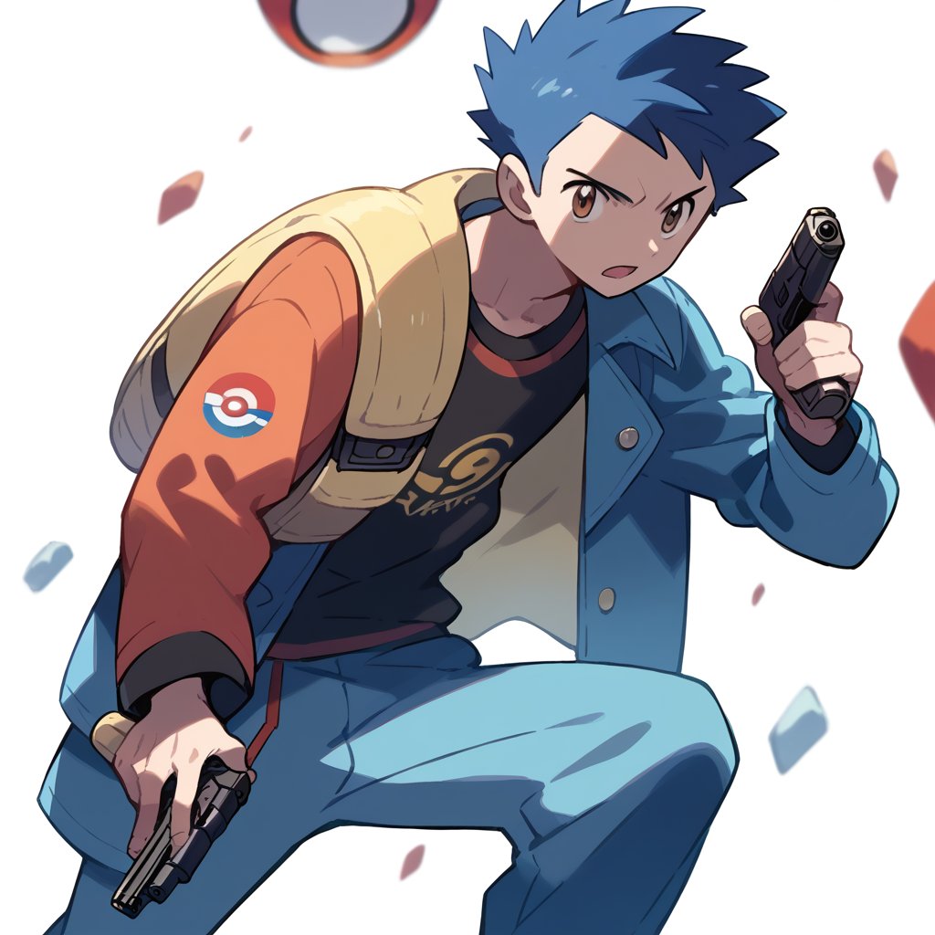  score_9, score_8_up, score_7_up,source_anime, (High quality, anime, extreme details, exquisite light and shadow, 8K, best quality), detailed background, BREAK, 1 boy, adult body, short hair, blue hair, brown eyes, holding gun, no text, pokemon, pokemon_(anime),man